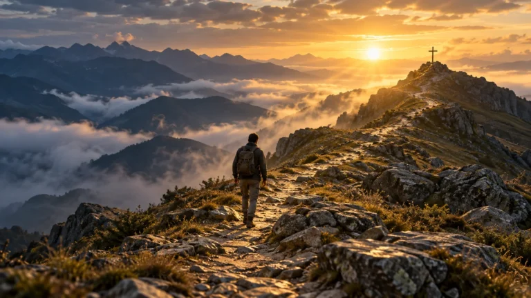 Pessoa caminhando por uma trilha nas montanhas em direção a uma cruz, sob a luz dourada do amanhecer.