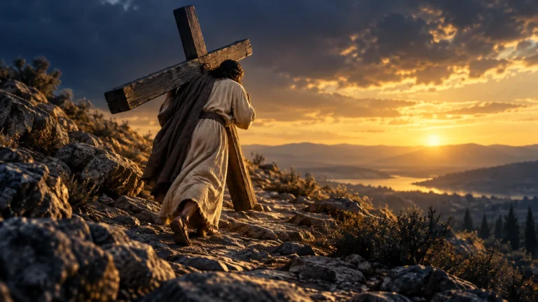 Viajante carregando uma cruz de madeira por uma encosta.