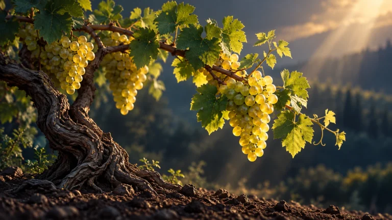 Cachos de uvas em uma videira iluminada por luz dourada.