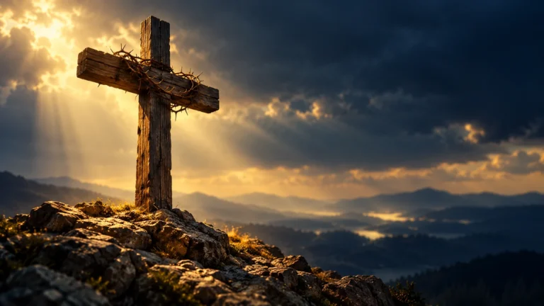 Cruz de madeira iluminada por um feixe de luz dourada.