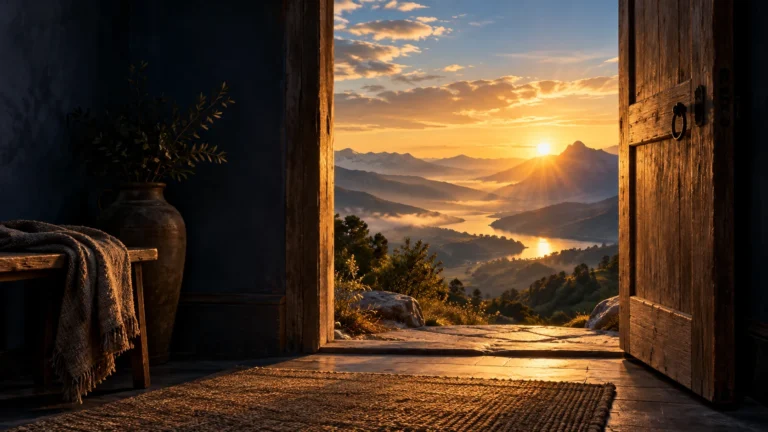 Porta aberta para uma paisagem de montanhas ao nascer do sol.