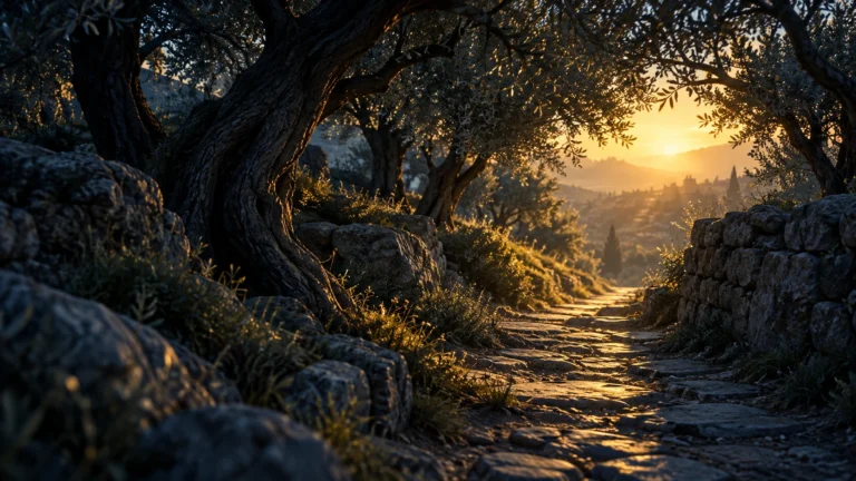 Caminho de pedras entre oliveiras em direção à luz do amanhecer.