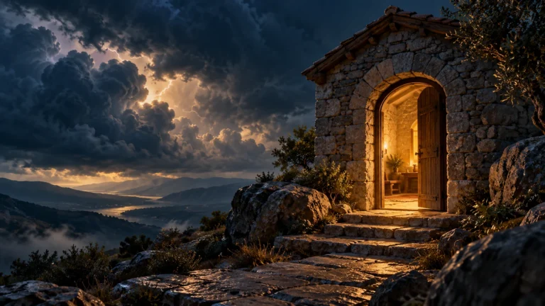 Abrigo de pedra com entrada iluminada em meio a nuvens de tempestade.