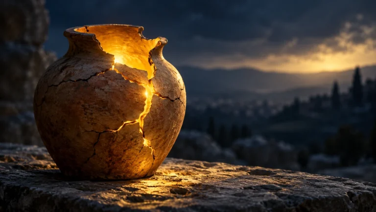 Vaso de barro com pequenas rachaduras e luz dourada no interior.